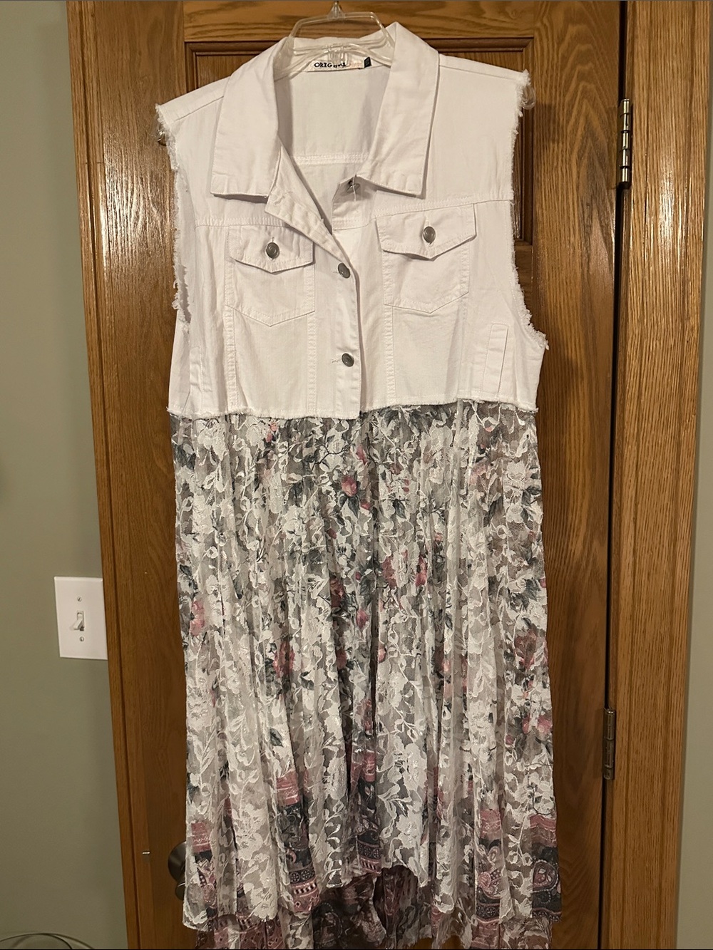 Sleeveless White Denim Vest Dress with Floral Lace Skirt